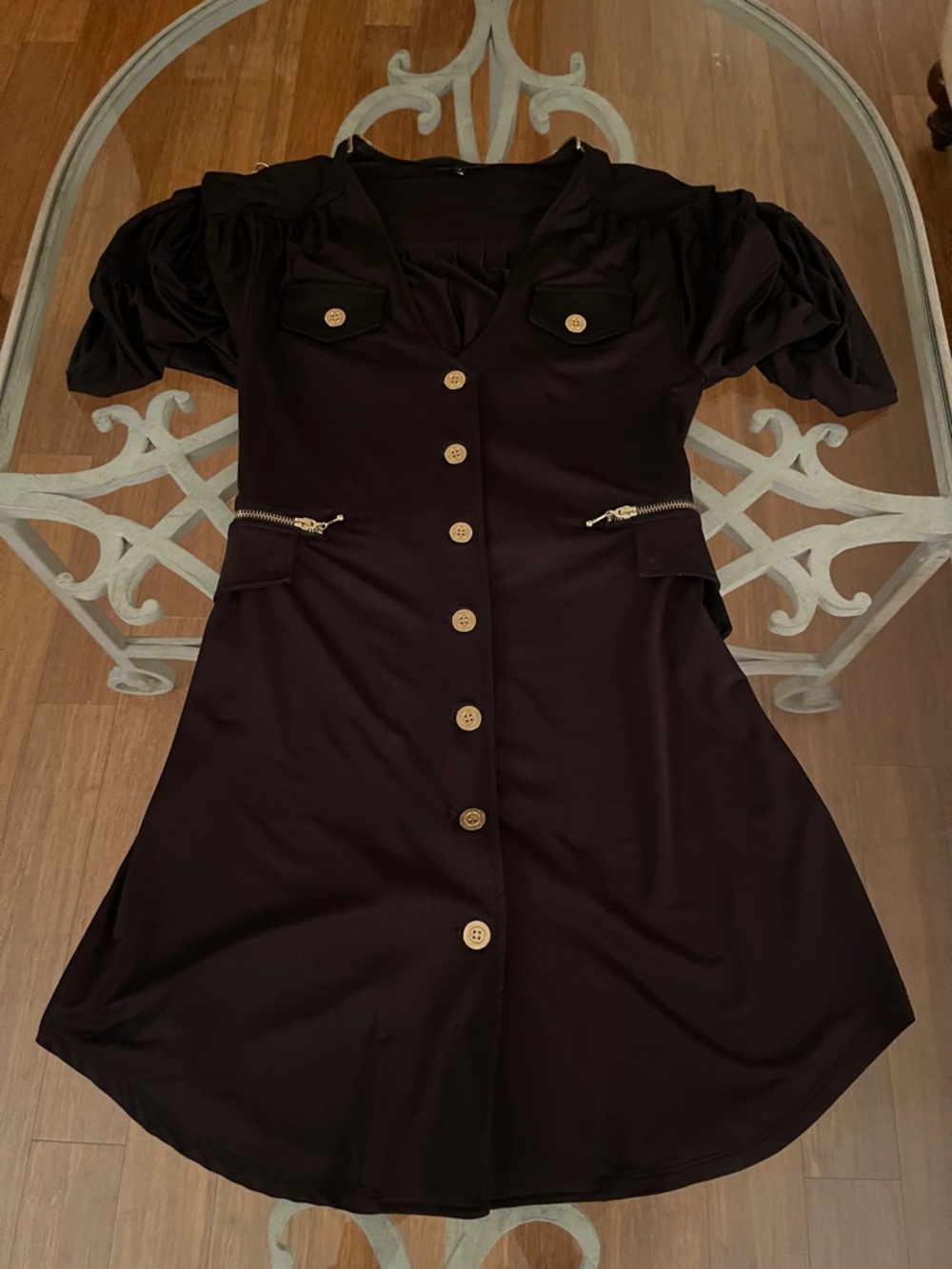 Vintage LaRok Black Button-Front Mini Dress with Gold Zipper Detail